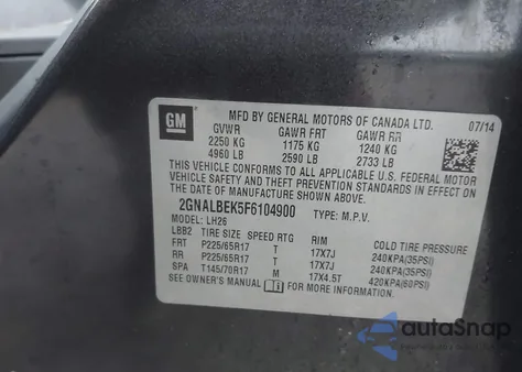 2015 Chevrolet Equinox 1Lt from USA, damaged, VIN 2GNALBEK5F6104900